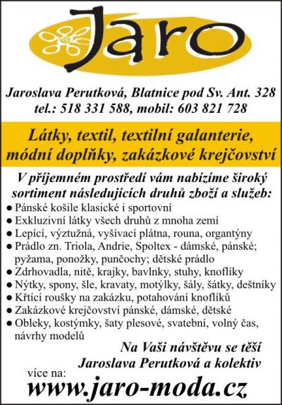 JARO - Jaroslava Perutková - látky, textil, prádlo, textilní galanterie, módní doplňky, zakázkové krejčovství - strojové vyšívání