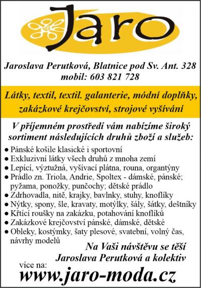 Látky, textil, prádlo, textilní galanterie, módní doplňky, zakázkové krejčovství - JARO - Jaroslava Perutková